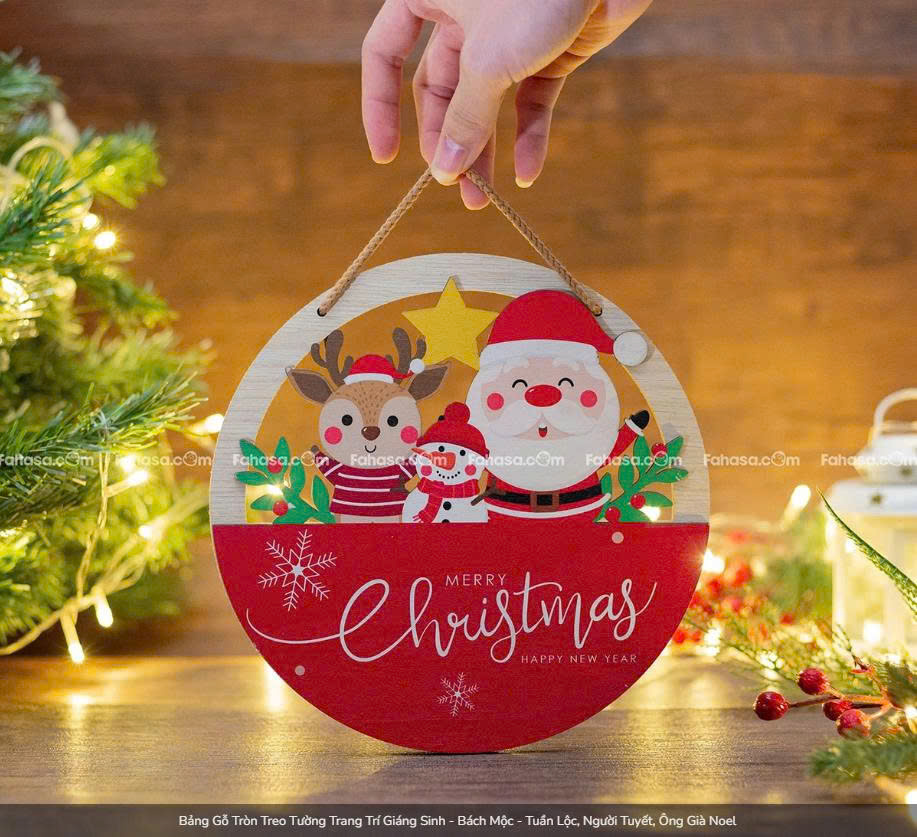 bảng gỗ tròn treo trường trang trí giáng sinh