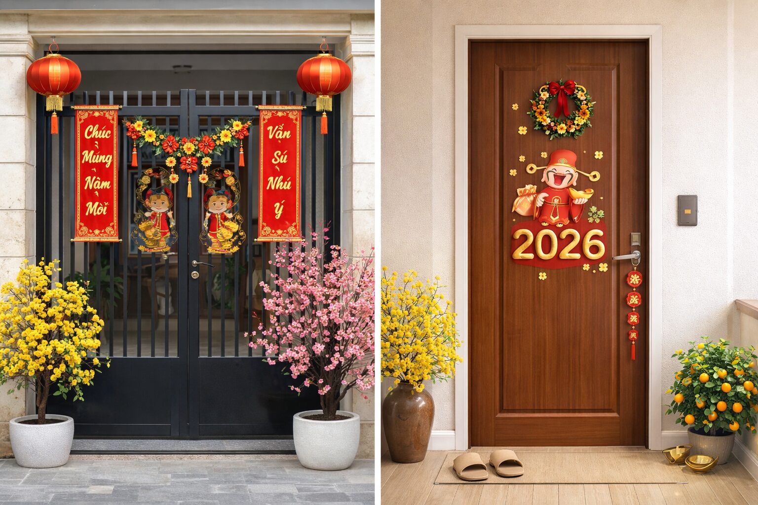 Mẫu Bố Cục Trang Trí Cửa Ra Vào Ngày tết Cho Nhà Phố Và Căn Hộ