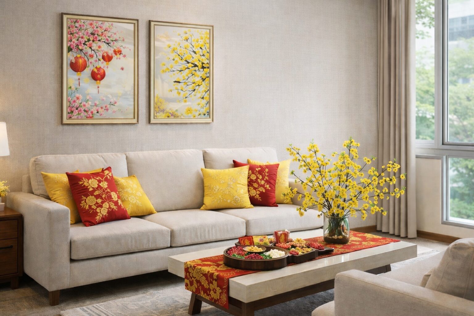 Trang trí tết Phòng khách (sofa - bàn trà - tường - cửa sổ)