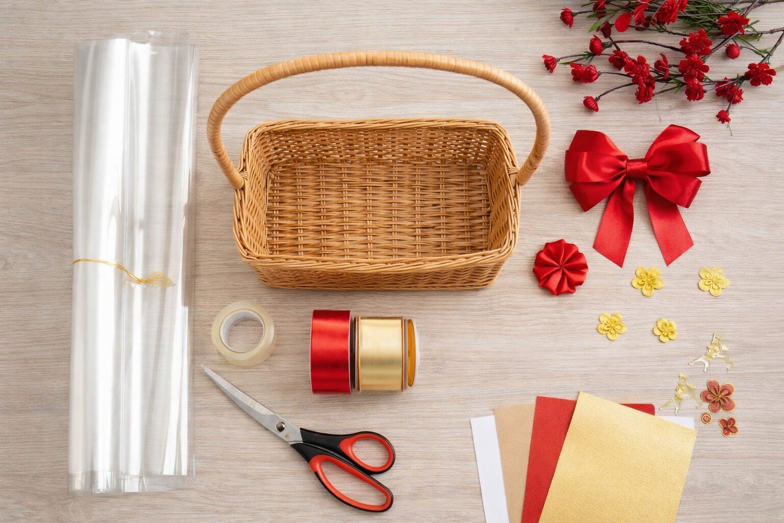 Danh sách vật liệu cần có để gói giỏ quà tết