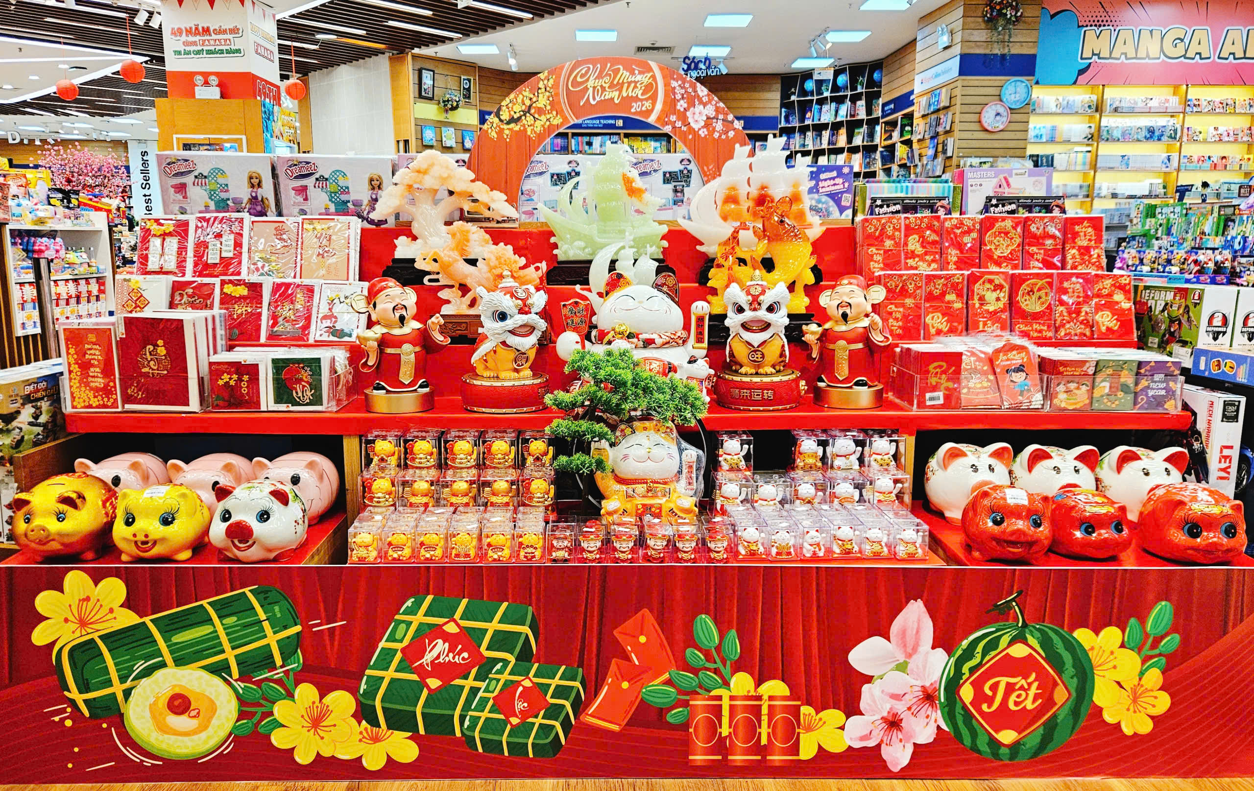 Mua phụ kiện trang trí tết phối với mành tre tại FAHASA